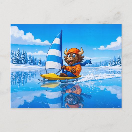 Yak Ice Sailing on a Frozen Winter Lake ポストカード (正面)