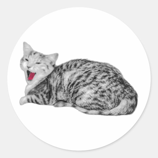 Yakeing Tabby Cat Monochrome Staker with Red Tong ラウンドシール (正面)