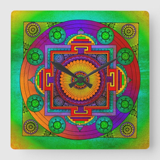 YANTRA -車輪素晴らし-緑の紫 スクエア壁時計 (正面)