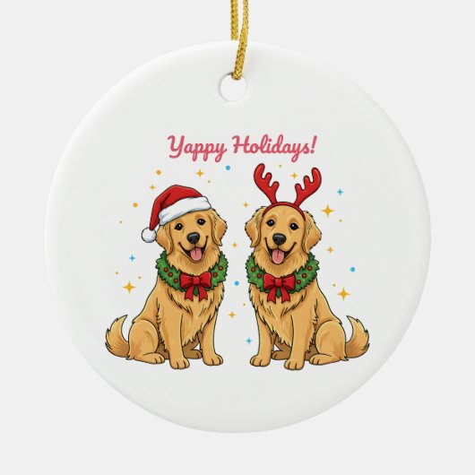 Yappy Holidays Golden Retriever Golden Xmas セラミックオーナメント (正面)