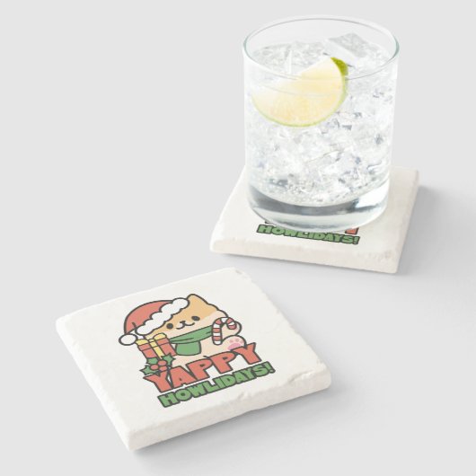 Yappy Howlidays – かわいいクリスマス犬の漫画 ストーンコースター (横)