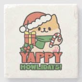 Yappy Howlidays – かわいいクリスマス犬の漫画 ストーンコースター (正面)