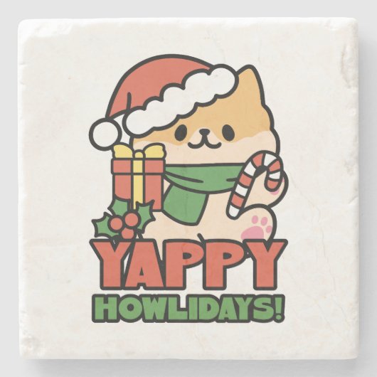 Yappy Howlidays – かわいいクリスマス犬の漫画 ストーンコースター (正面)