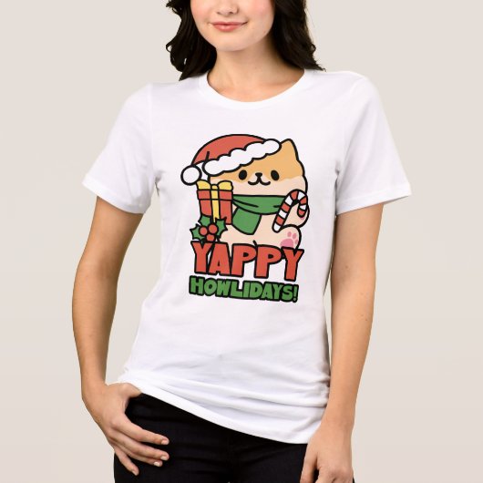 Yappy Howlidays – かわいいクリスマス犬の漫画 トライブレンドTシャツ (正面)