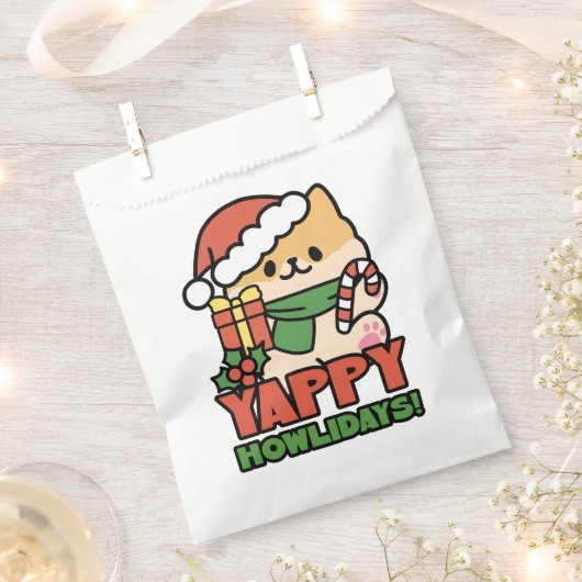 Yappy Howlidays – かわいいクリスマス犬の漫画 フェイバーバッグ (クリップ留めされた状態)