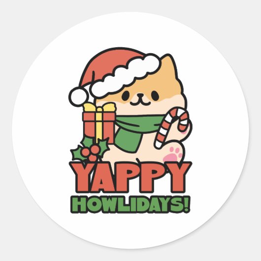 Yappy Howlidays – かわいいクリスマス犬の漫画 ラウンドシール (正面)