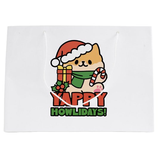 Yappy Howlidays – かわいいクリスマス犬の漫画 ラージペーパーバッグ (正面)