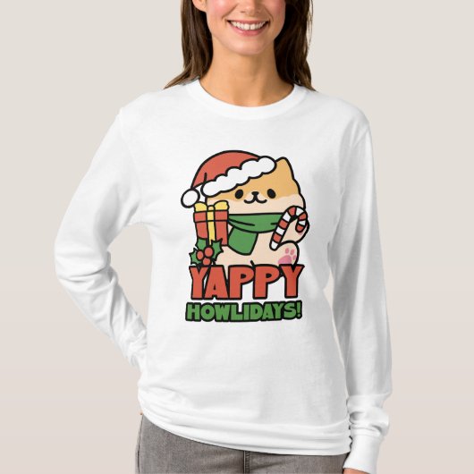 Yappy Howlidays – かわいいクリスマス犬の漫画 Tシャツ (正面)