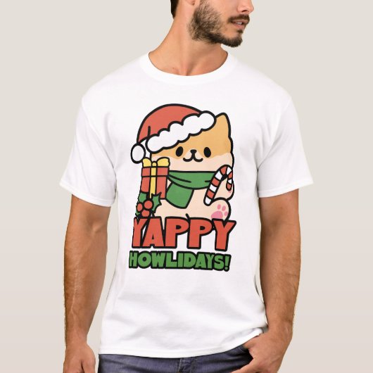 Yappy Howlidays – かわいいクリスマス犬の漫画 Tシャツ (正面)