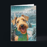 Yappy Howlidays Airedale Terrier in Winter Scarf シーズンカード<br><div class="desc">冬のスカーフに甘い子犬と寒い雪の設定を特色にしたアイレデール・テリア犬のママやペットパパのための愛らしい休日の挨拶。</div>