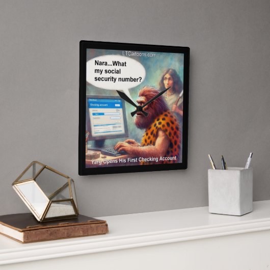 Yarg’s First Login: Banking Like a Caveman スクエア壁時計 (オフィス)