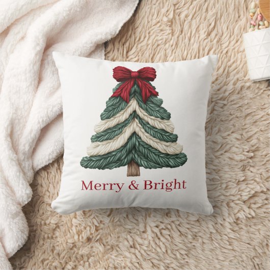 Yarn Faux Embroidery Christmas Tree Merry Bright クッション (ブランケット)