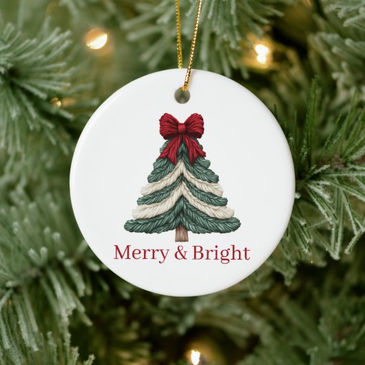 Yarn Faux Embroidery Christmas Tree Merry Bright セラミックオーナメント (ツリー)