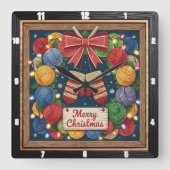 Yarn Wreath Knitting Merry Christmas スクエア壁時計 (正面)