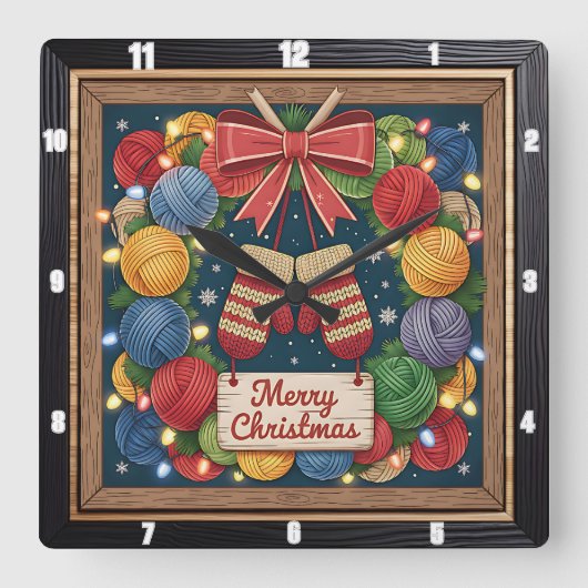 Yarn Wreath Knitting Merry Christmas スクエア壁時計 (正面)