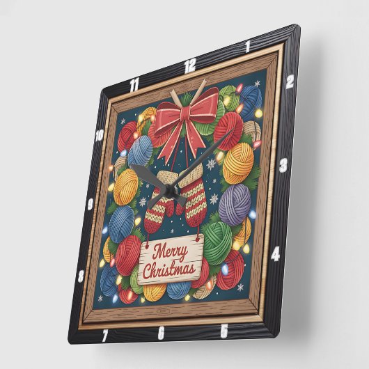 Yarn Wreath Knitting Merry Christmas スクエア壁時計 (傾斜)