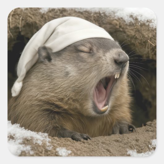 Yawning Groundhog Wearing a Nightcap スクエアシール (正面)