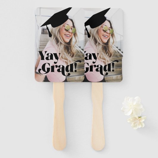 Yay Gradおもしろい卒業写真移動型Mortarboard ハンドファン (正面&裏面)
