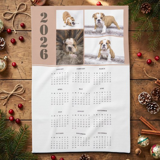 Year 2026 Calendar Dog Pet 4 Photo Collage キッチンタオル