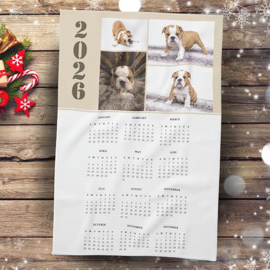 Year 2026 Calendar Dog Pet 4 Photo Collage キッチンタオル