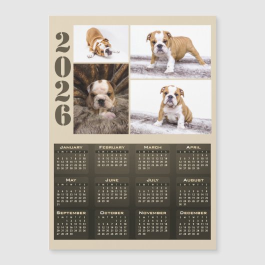Year 2026 Calendar Dog Pet 4 Photo Collage Magnet (正面)