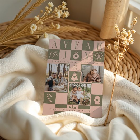 Year in Reviewレトロ市松模様にChristmas Photos 三つ折りクリスマスカード
