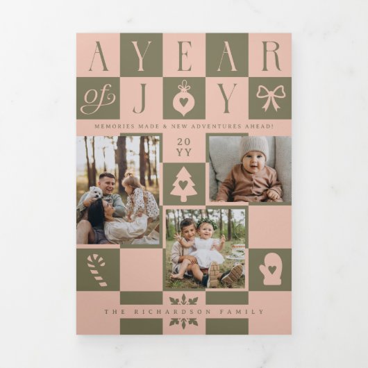 Year in Reviewレトロ市松模様にChristmas Photos 三つ折りクリスマスカード (カバー)