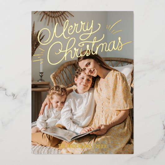 Year in Review家族12写真コラージュのクリスマス 箔シーズンカード (正面)
