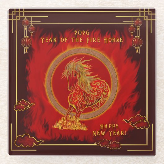 Year of the Fire Horse , Happy Lunar New Year ガラスコースター (正面)