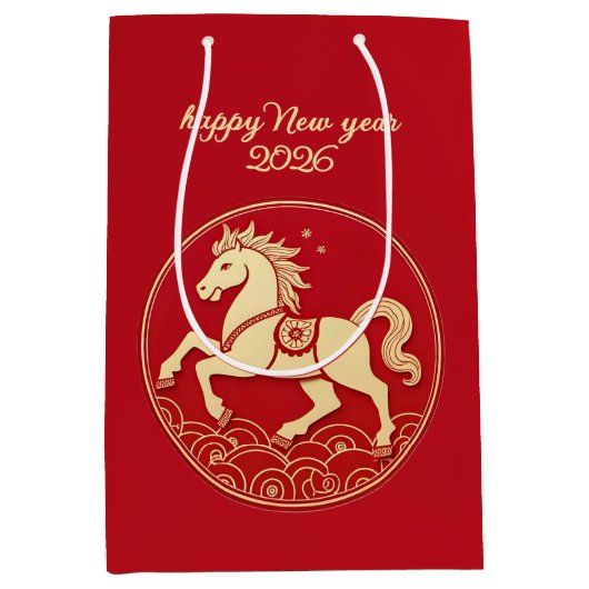 Year of the Horse 2026 Chinese New Year  ミディアムペーパーバッグ (正面)
