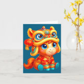 Year Of The Horse 2026 Chinese New Year Lion Dance カード (黄色い花)