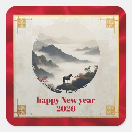 Year of the Horse 2026 Chinese New Year Mountain  スクエアシール (正面)