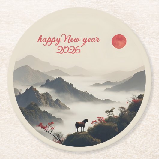 Year of the Horse 2026 Chinese New Year Mountain  ラウンドペーパーコースター (正面)