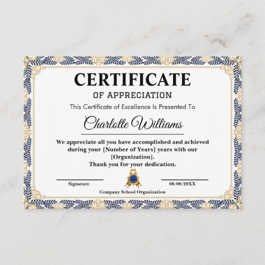 Years of Service Appreciation Gold Certificate  エンクロージャーカード (正面)