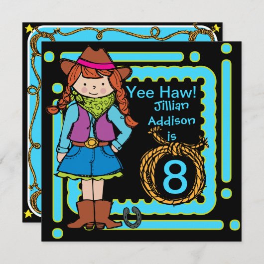 Yeeのサンザシの女性のカーボーイによってカスタマイズ誕生日の招待 招待状 (正面/裏面)