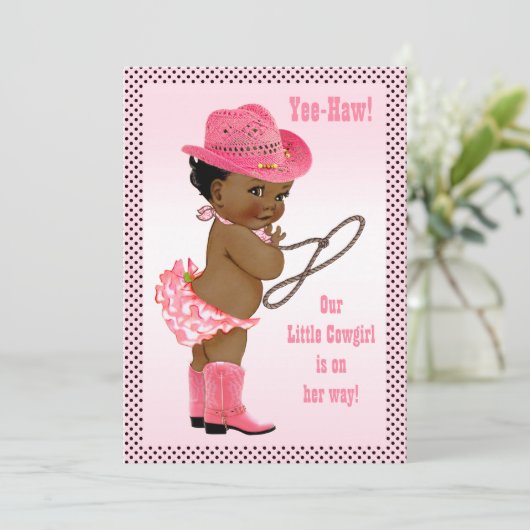 Yeeサンザシ! 小さい民族の女性のカーボーイのベビーシャワー 招待状 (スタンド正面)