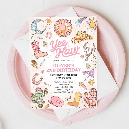 Yee Haw Western Rodeo Cowgirl 2nd Birthday 招待状