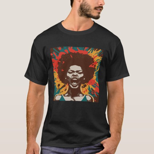 Yelling African American Woman Afro Blackプライド& Tシャツ (正面)