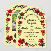 Yellow 60th Birthday Party Whimsical Doodle Flower 招待状 (正面/裏面)