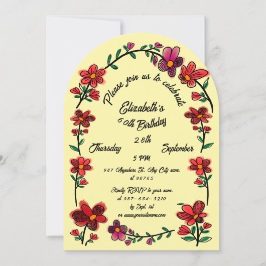 Yellow 60th Birthday Party Whimsical Doodle Flower 招待状 (正面)