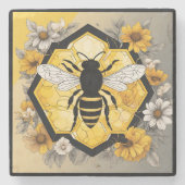 Yellow and Black Bee on Honeycombe  ストーンコースター (正面)