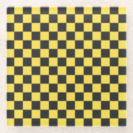 Yellow and black checkerboard pattern ガラスコースター