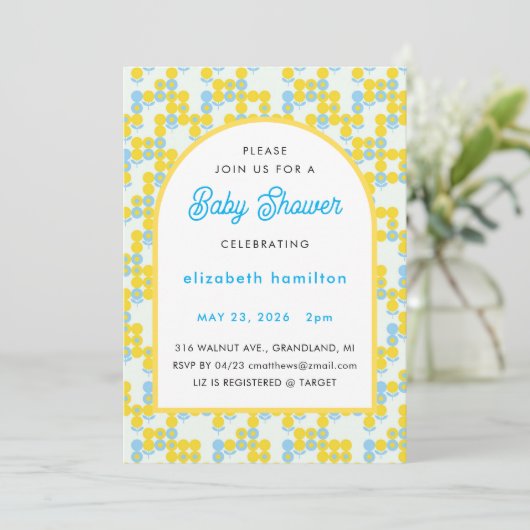 Yellow and Blue Dots Modern Baby Shower Invitation 招待状 (スタンド正面)