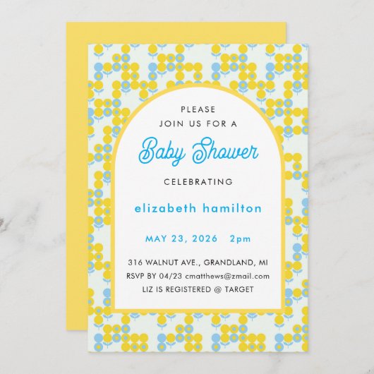 Yellow and Blue Dots Modern Baby Shower Invitation 招待状 (正面/裏面)