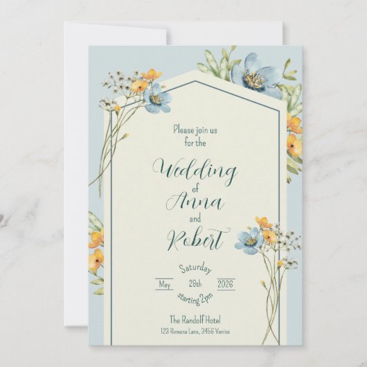 Yellow And Blue Wildflowers Geometric Wedding 招待状 (正面)