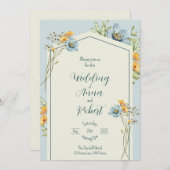 Yellow And Blue Wildflowers Geometric Wedding 招待状 (正面/裏面)