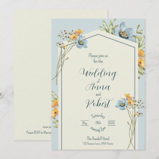 Yellow And Blue Wildflowers Geometric Wedding 招待状 (正面/裏面)