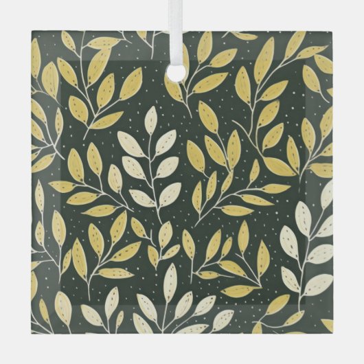 Yellow and Cream Leafy Branches Pattern  ガラスオーナメント (正面)