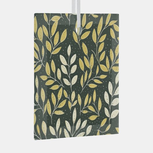 Yellow and Cream Leafy Branches Pattern  ガラスオーナメント (正面右)