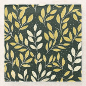 Yellow and Cream Leafy Branches Pattern  ガラスコースター (正面)